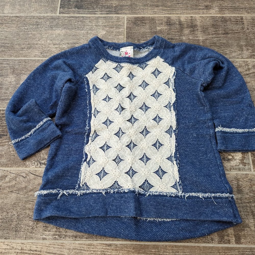 Jenna & Jessie- girls blue sweater with white lace size 14- Pre-owned.